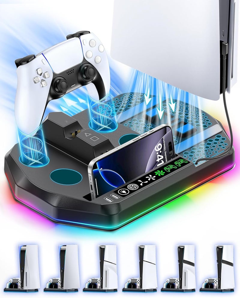 Gersker Cooling Station with Dual Controller Charger Compatible with PlayStation 5/Slim/Pro Console, PS5 Cooling Stand Vertical, 3 Level Cooler Fan, PS5 Accessories Base Docking Station, Black - Image 1